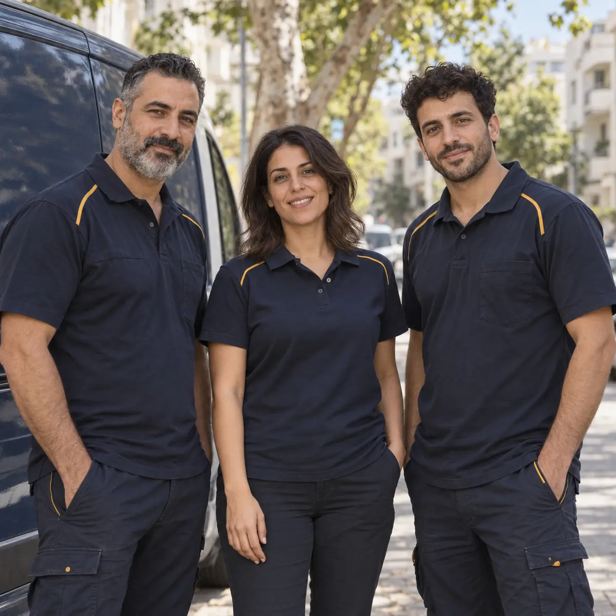 שני אינסטלטורים ורכזת שירות במדים כחולים עם פס צהוב