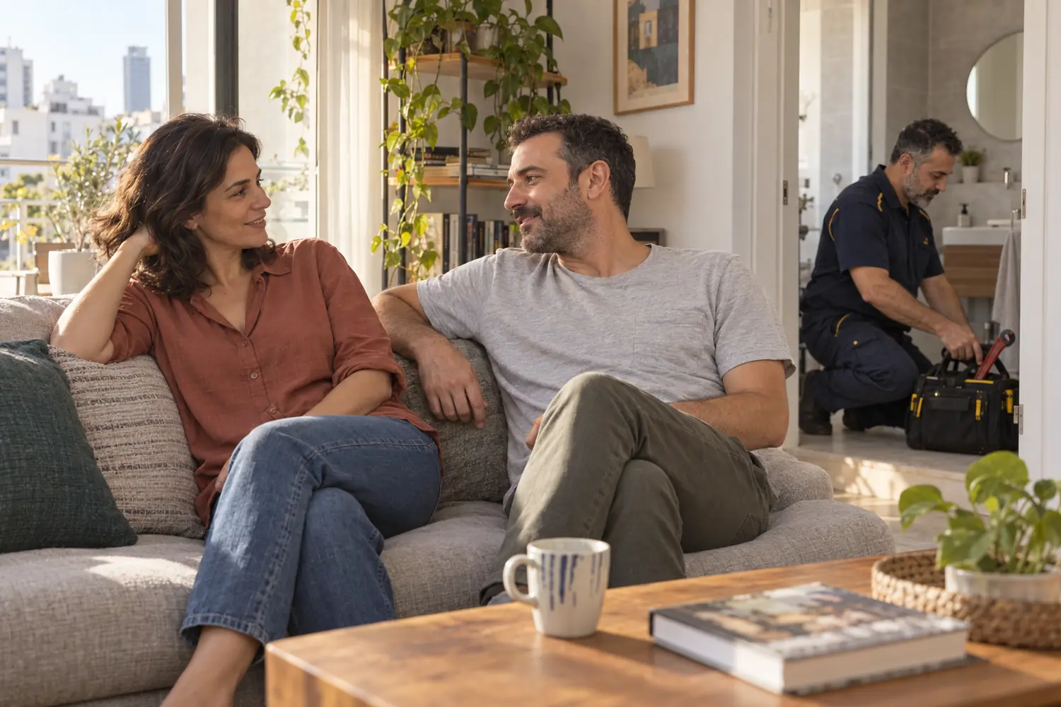 זוג בסלון בזמן שאינסטלטור אורז את כלי העבודה בסיום התיקון