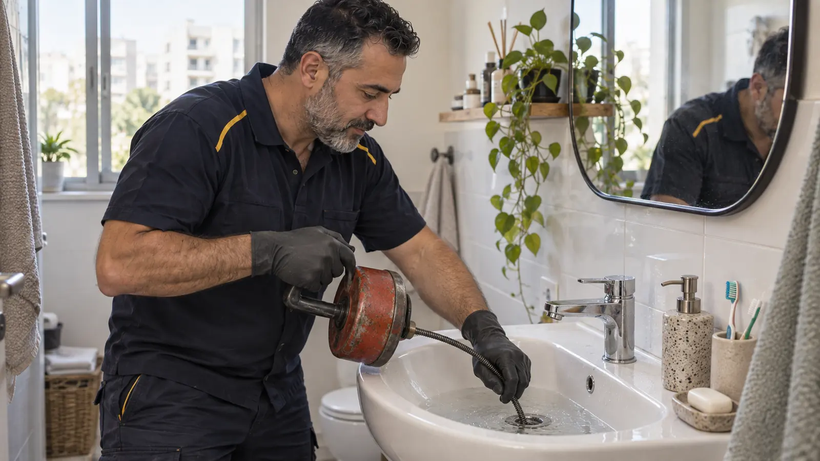 פתיחת סתימה בכיור אמבטיה באמצעות קפיץ ידני