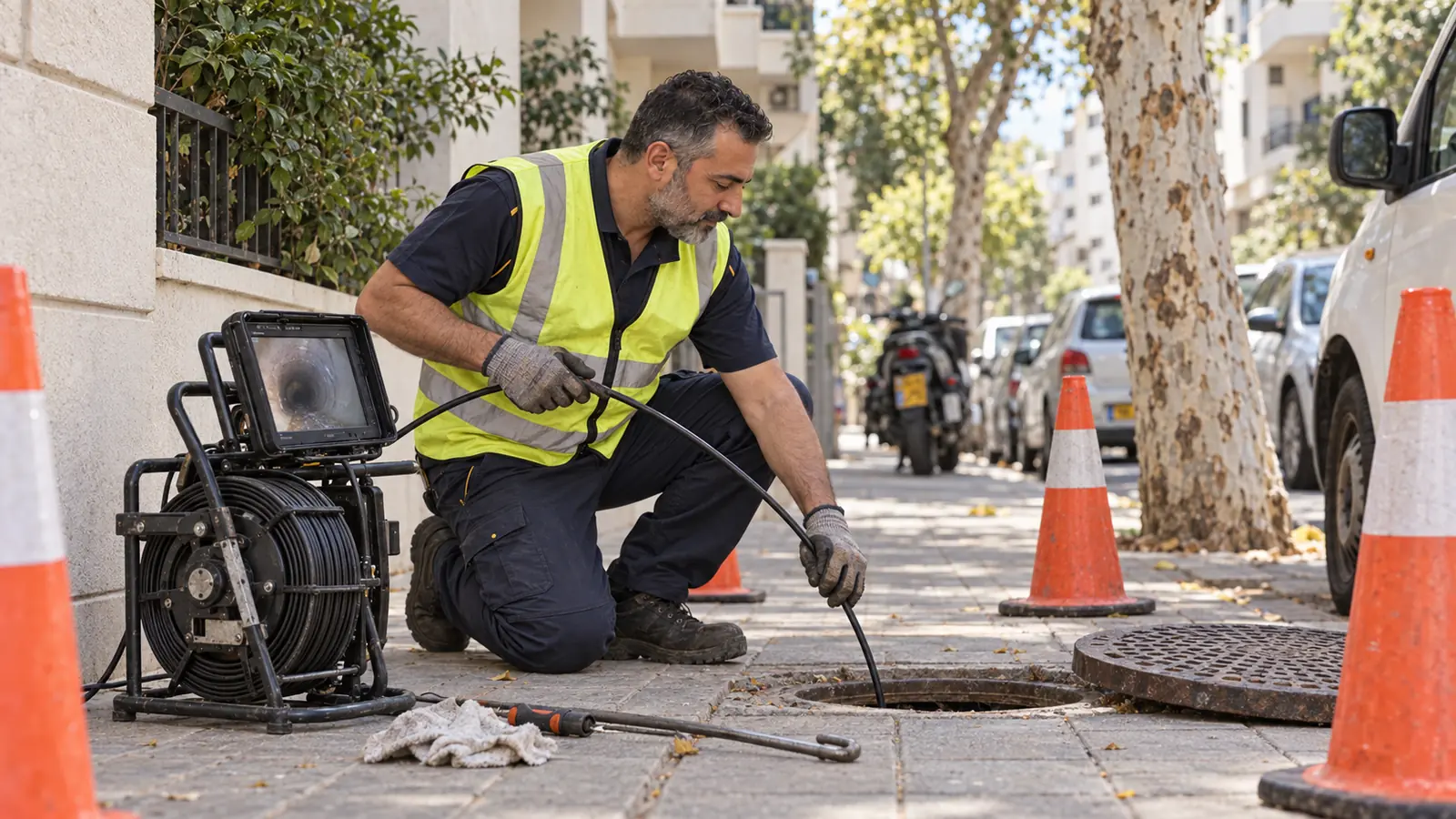 בדיקת קו ביוב במצלמה דרך פתח גישה במדרכה