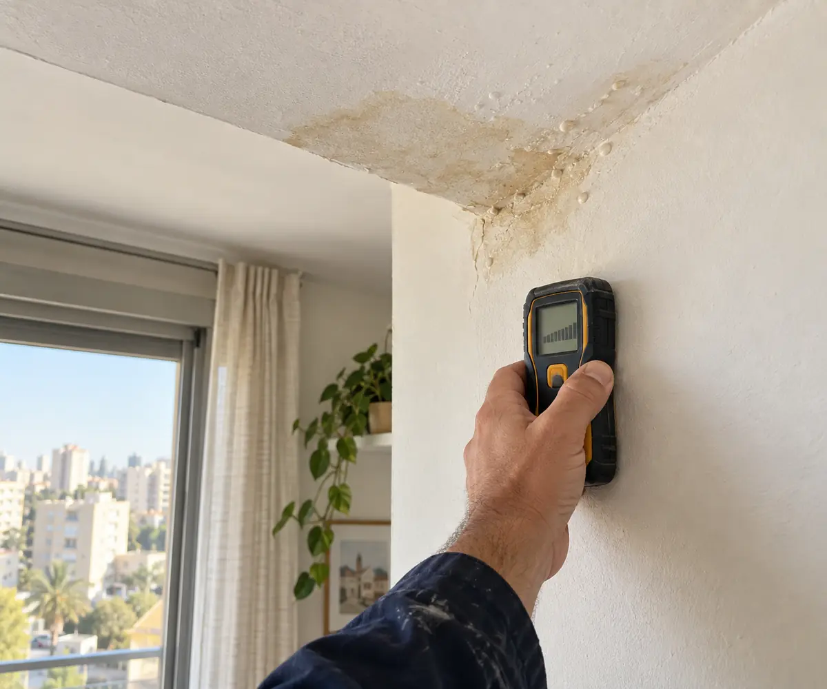 בדיקת כתם רטיבות בפינת תקרה באמצעות מד לחות