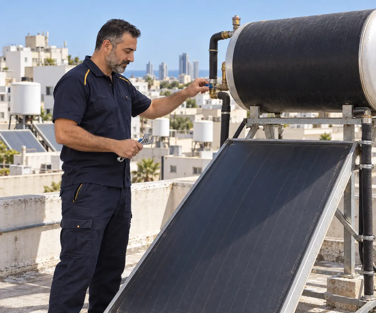 אינסטלטור בודק דוד שמש וקולט על גג בתל אביב